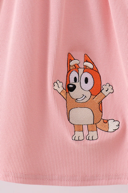 Pink character embroidery flutter sleeve dress