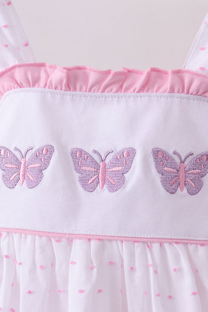 Purple butterfly embroidery swiss dot ruffle shorts set