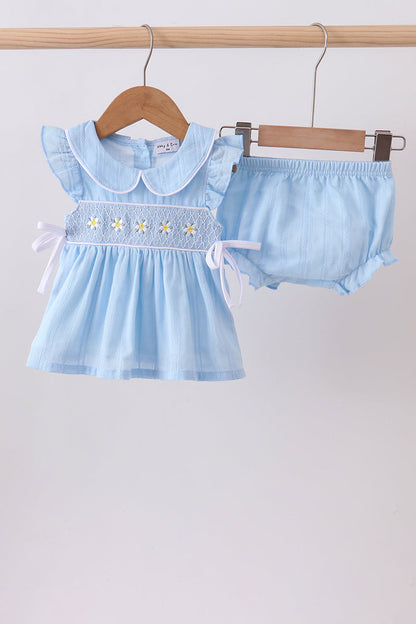 Blue floral smocked jacquard ruffle bloomer set
