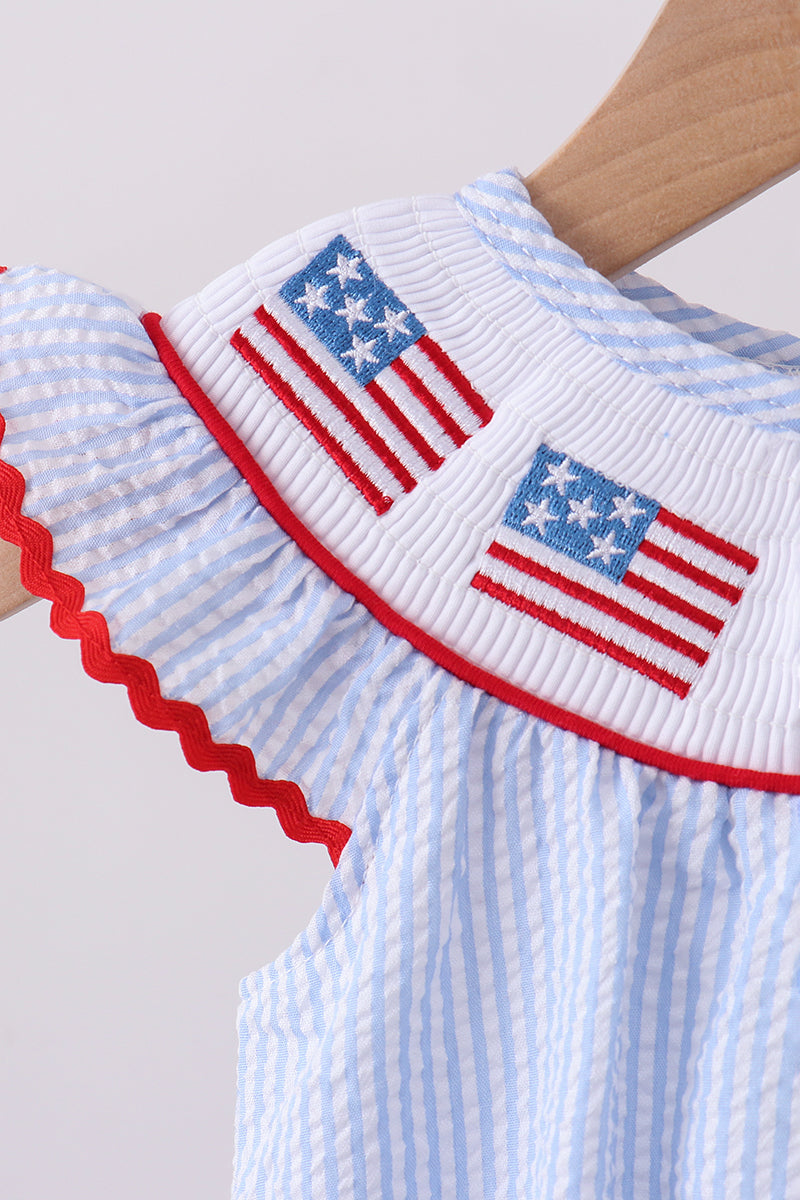 Blue seersucker flag smocked ruffle bubble