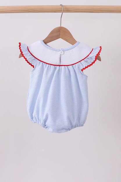 Blue seersucker flag smocked ruffle bubble