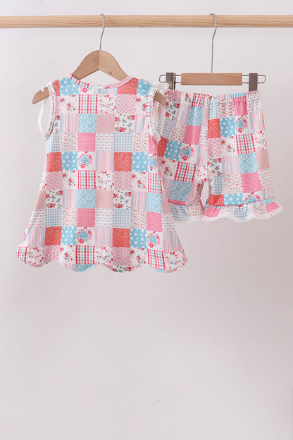 Pink floral patchwork scalloped ruffle shorts set