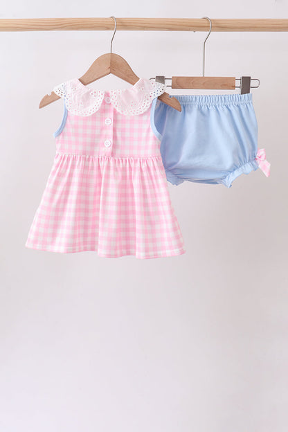 Pink Cow Plaid Embroidered Bloomer Set