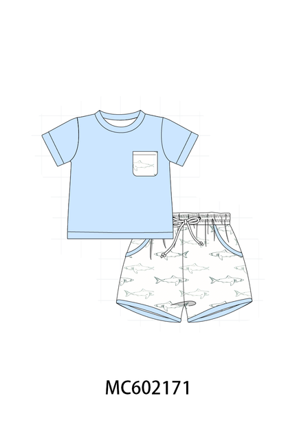 Blue Shark Print Shorts Set