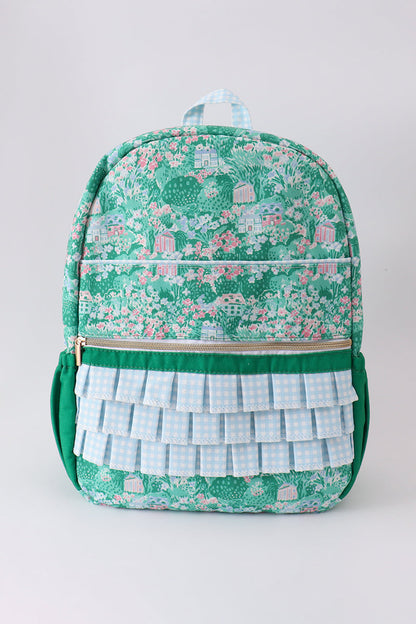 Green floral ruffle backpack