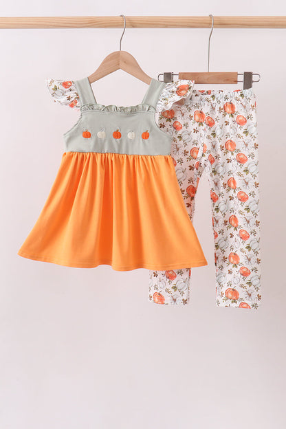 Orange Pumpkin Embroidery Ruffle Pants Set