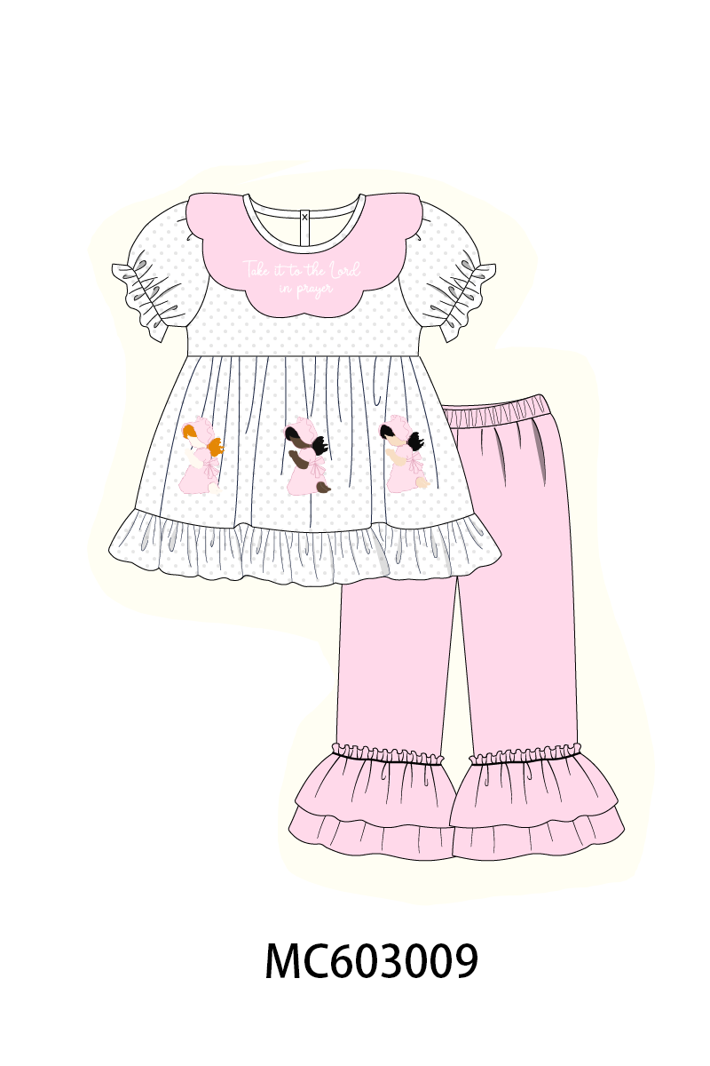 Pink Prayer Embroidery Ruffle Pants Set
