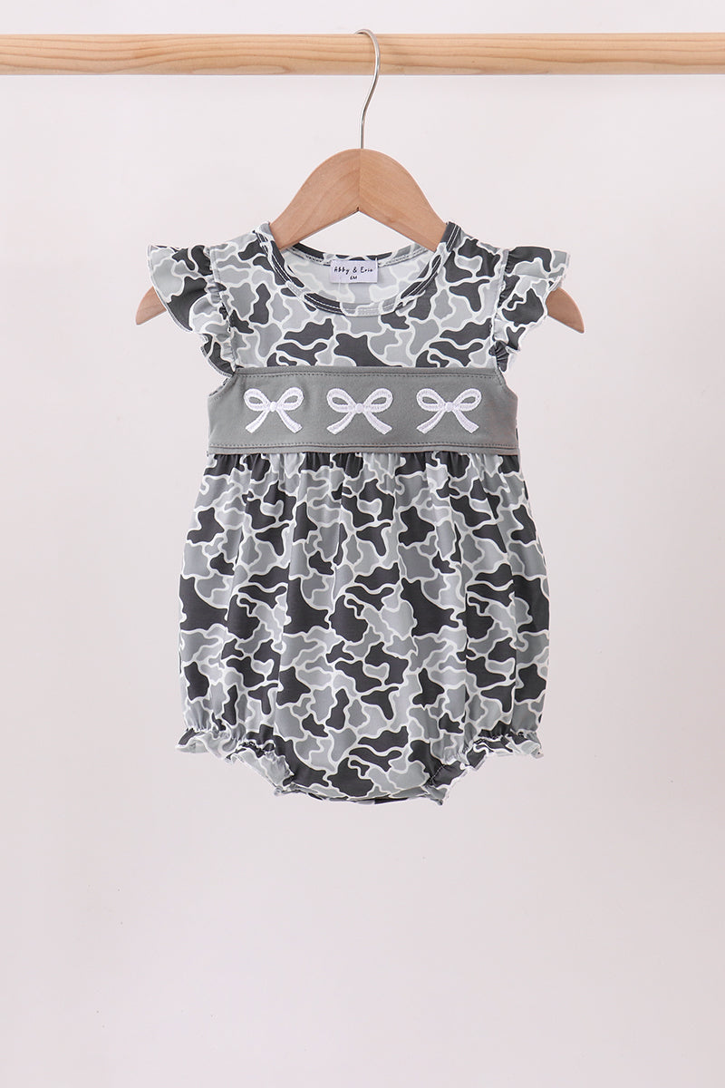 Grey Camouflage Bow Embroidery Ruffle Bubble