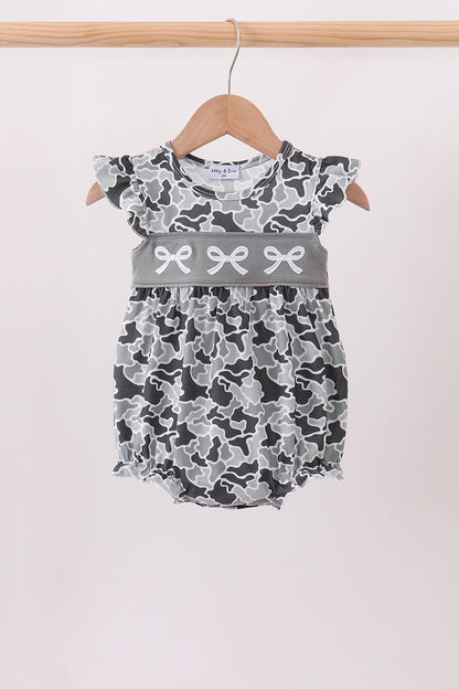 Grey Camouflage Bow Embroidery Ruffle Bubble