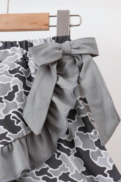 Grey Camouflage Bow Embroidery Ruffle Skorts Set