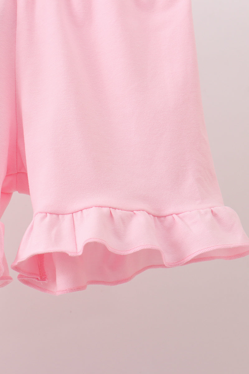 Pink Pumpkin Embroidery Ruffle Shorts Set