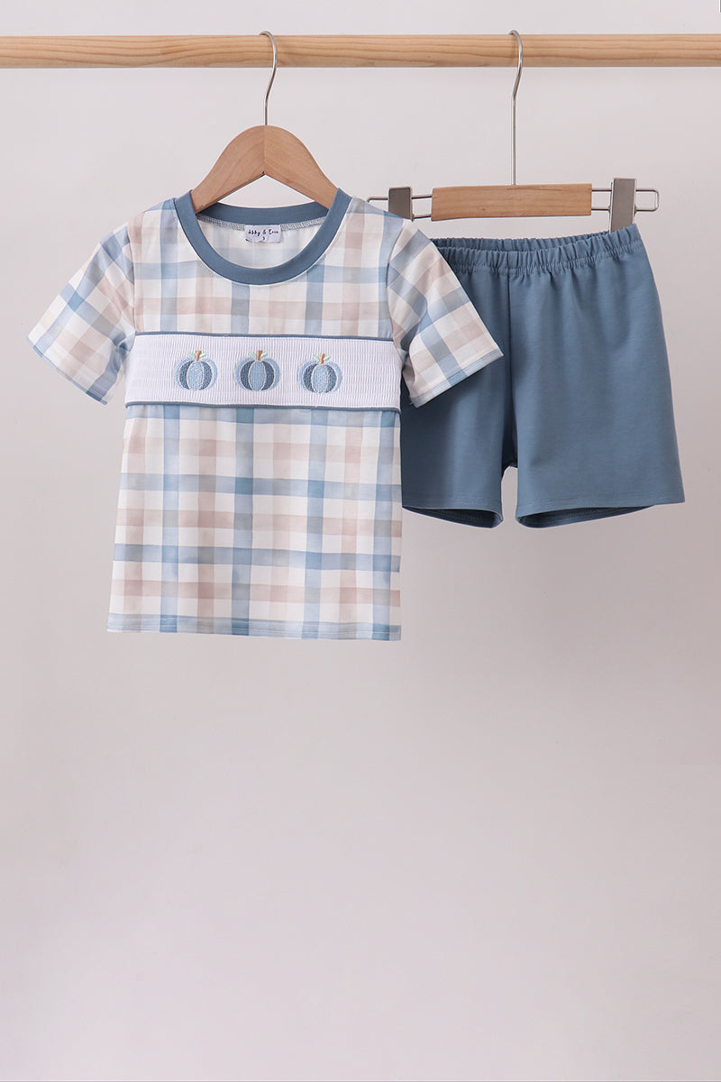 Blue Pumpkin Embroidery Gingham Shorts Set