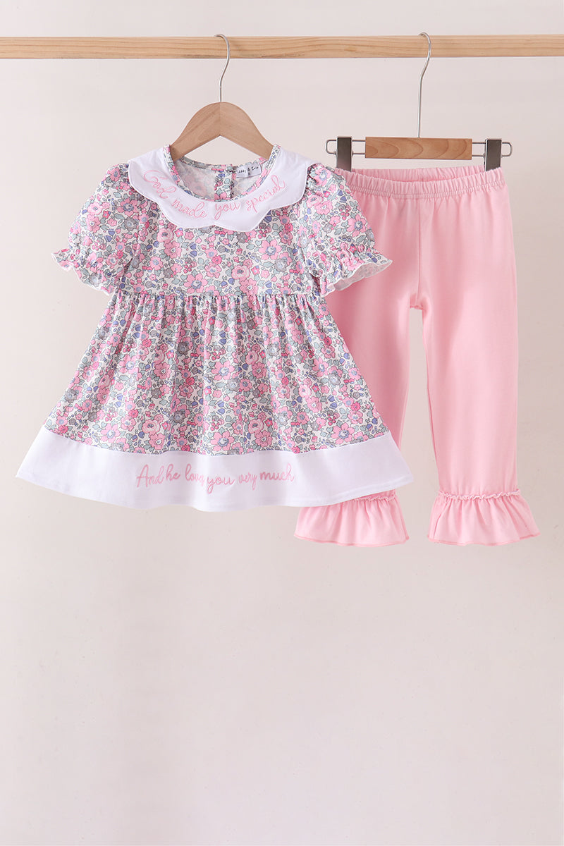 Pink Floral Embroidery Ruffle Pants Set