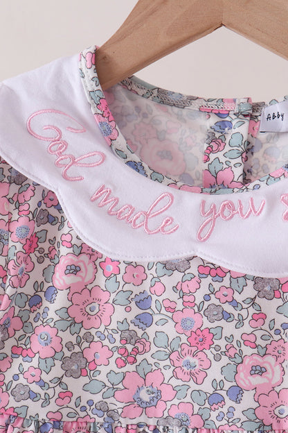 Pink Floral Embroidery Ruffle Pants Set