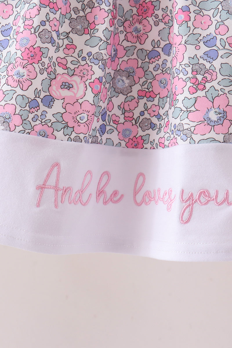 Pink Floral Embroidery Ruffle Pants Set