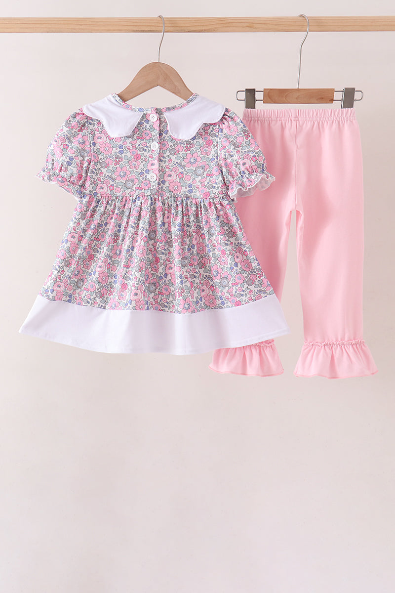 Pink Floral Embroidery Ruffle Pants Set