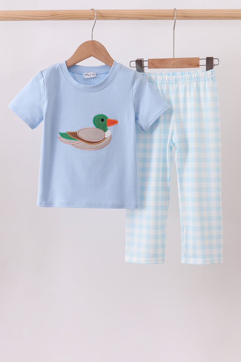 Blue Mallard Applique Gingham Pants Set