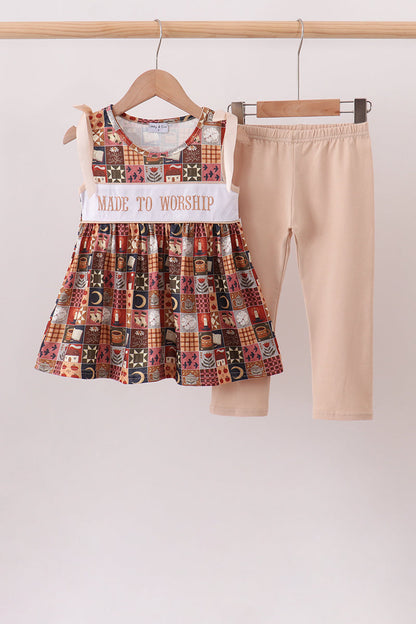 Brown Made to Worship Embroidery Pants Set
