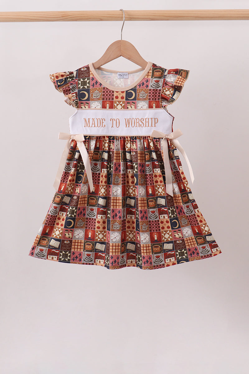 Brown Made to Worship Embroidery Ruffle Dress