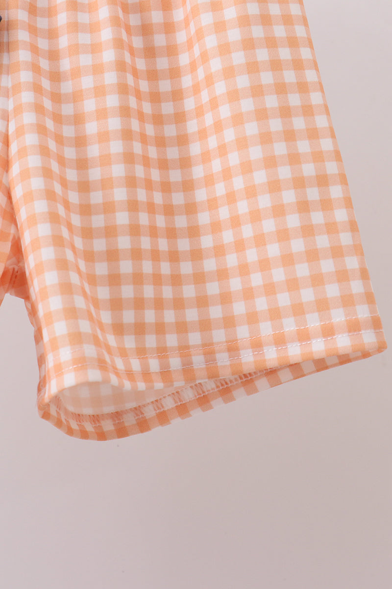 Orange Pumpkin Embroidery Gingham Shorts Set