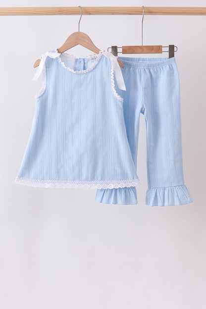 Blue Jacquard Lace Ruffle Pants Set