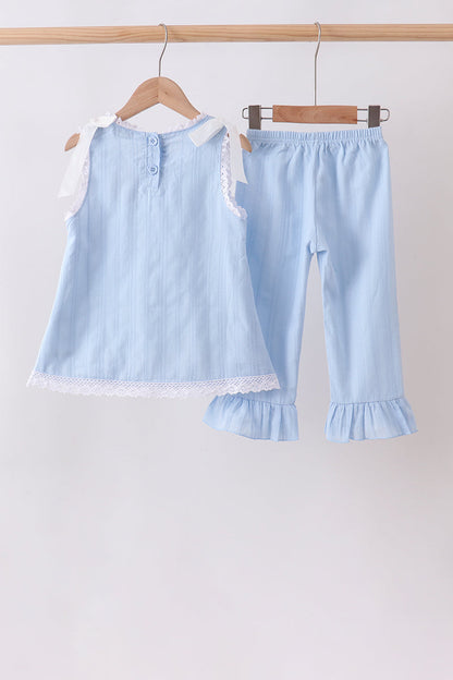 Blue Jacquard Lace Ruffle Pants Set