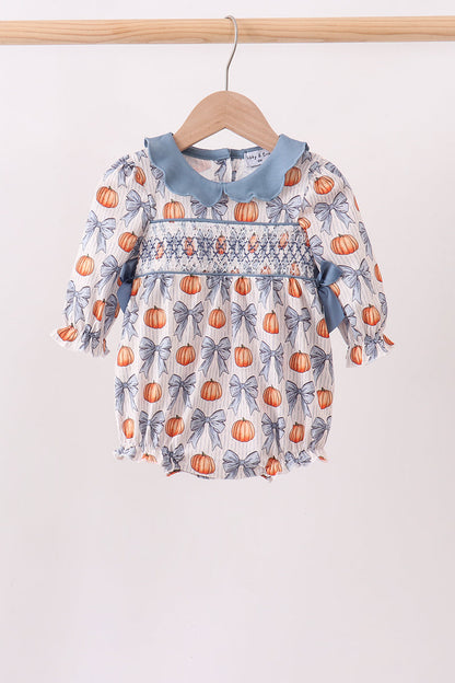 Blue Pumpkin Bow Smocked Ruffle Bubble
