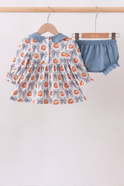 Blue Pumpkin Bow Smocked Bloomer Set