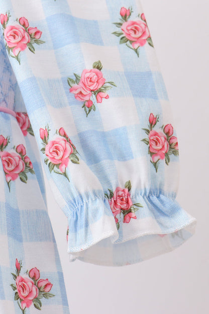 Blue Bow Smocked Floral Gingham Bubble