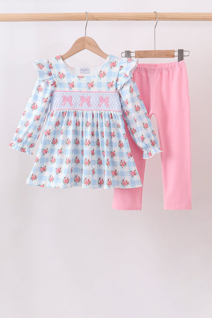 Blue Bow Smocked Gingham Pants Set
