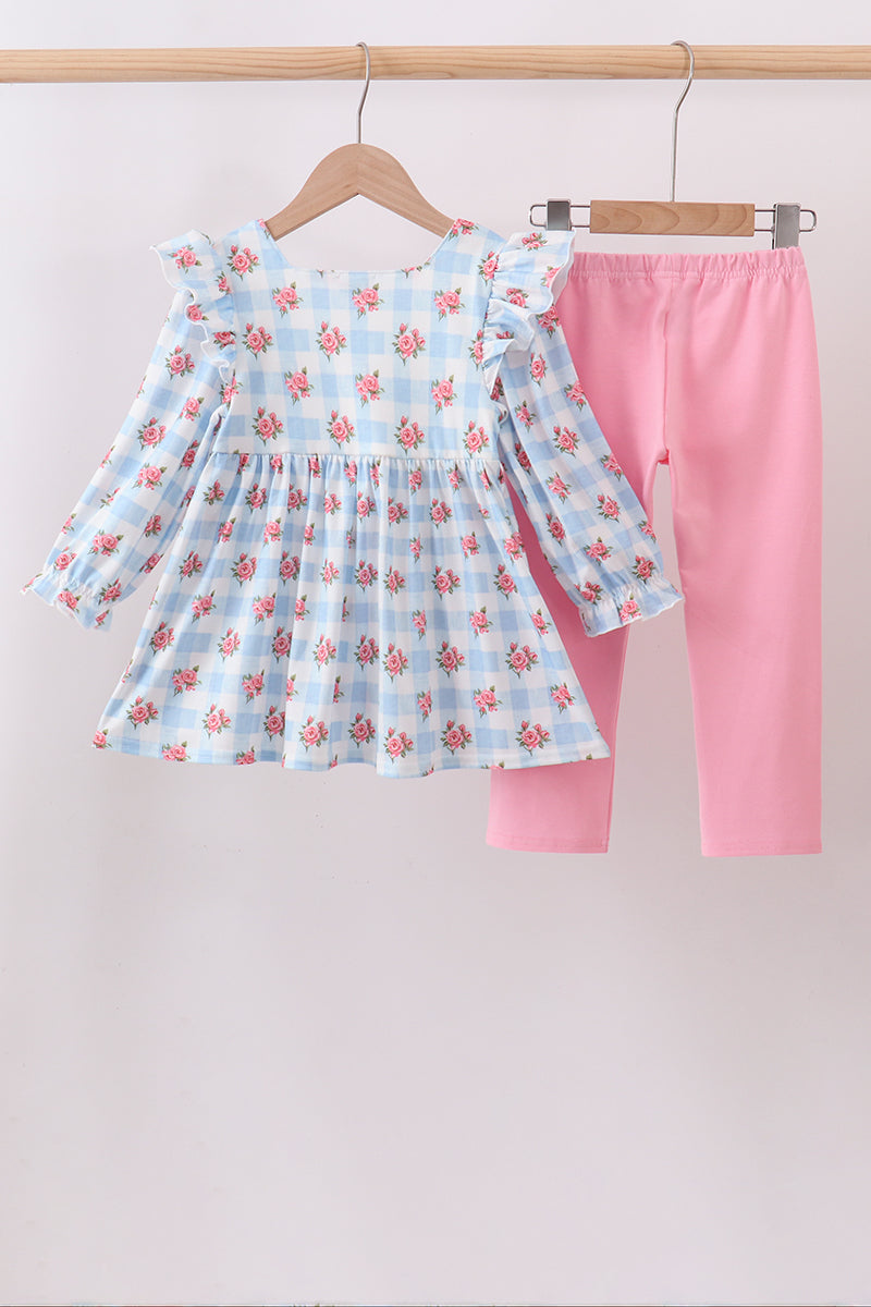 Blue Bow Smocked Gingham Pants Set