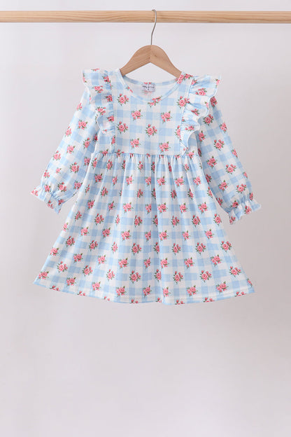 Blue Floral Ruffle Dress