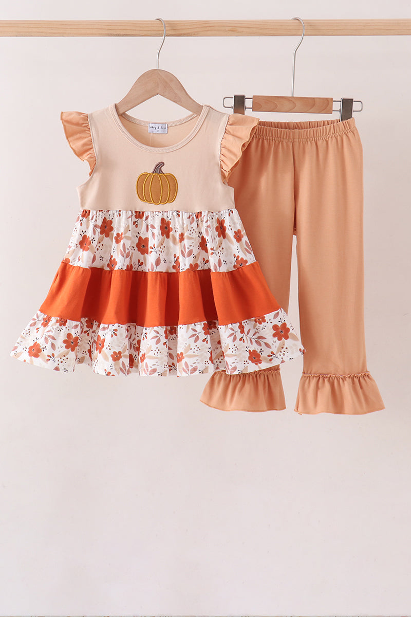 Floral Pumpkin Embroidery Ruffle Pants Set