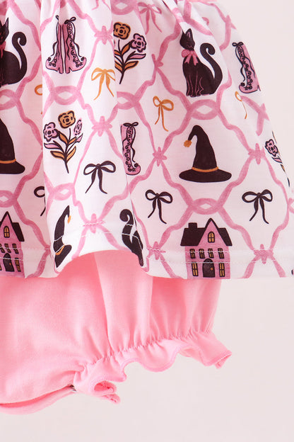Pink Cat Embroidery Ruffle Bubble