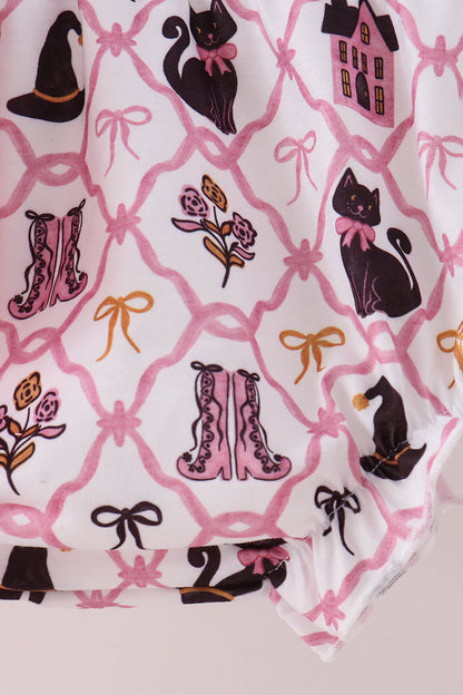Pink Cat Embroidery Ruffle Bloomer Set