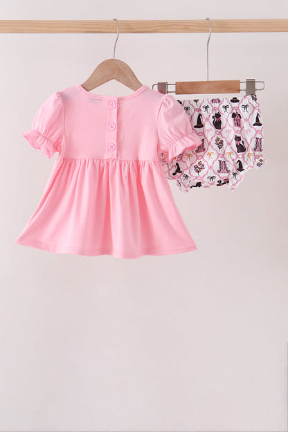 Pink Cat Embroidery Ruffle Bloomer Set
