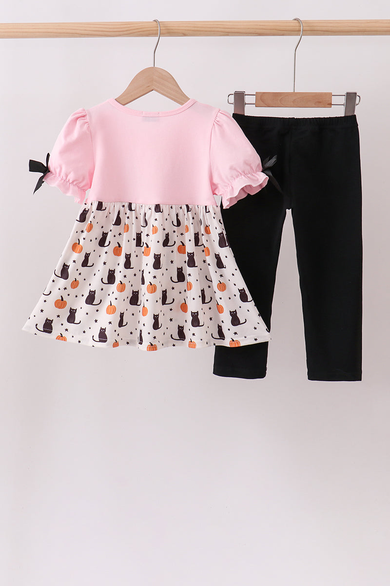 Pink Pumpkin Cat Embroidery Pants Set