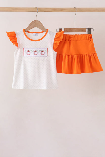 Orange Pumpkin Bow Embroidery Ruffle Skorts Set