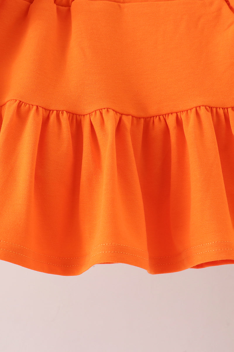 Orange Pumpkin Bow Embroidery Ruffle Skorts Set