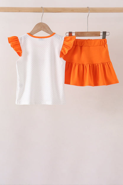 Orange Pumpkin Bow Embroidery Ruffle Skorts Set
