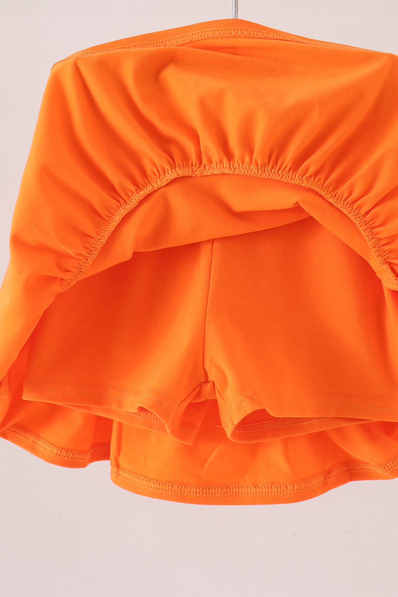 Orange Pumpkin Bow Embroidery Ruffle Skorts Set