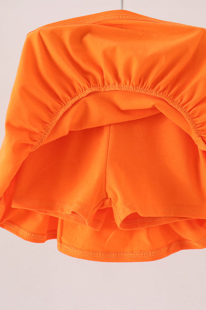 Orange Pumpkin Bow Embroidery Ruffle Skorts Set
