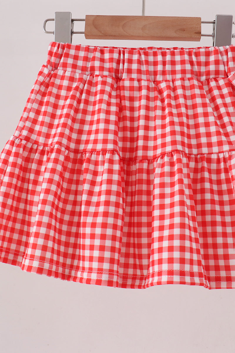 White Cheerleader Embroidery Gingham Skorts Set