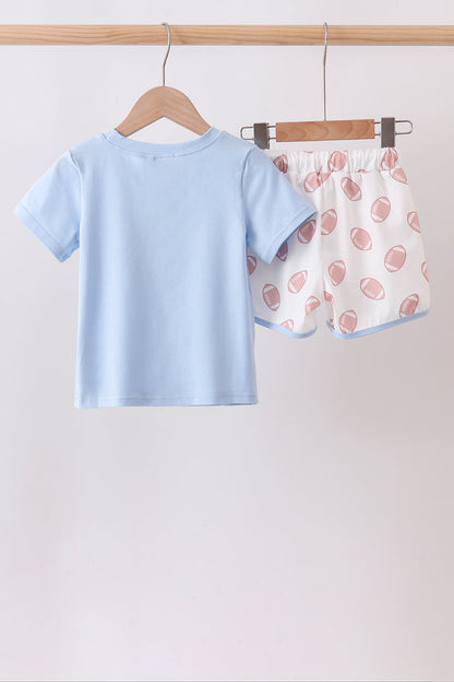 Blue Touchdown Embroidery Football Shorts Set