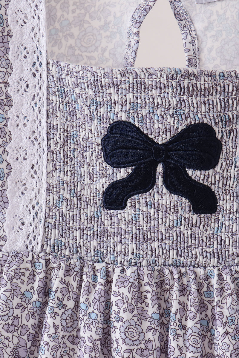 Navy Floral Bow Smocked Bloomer Set