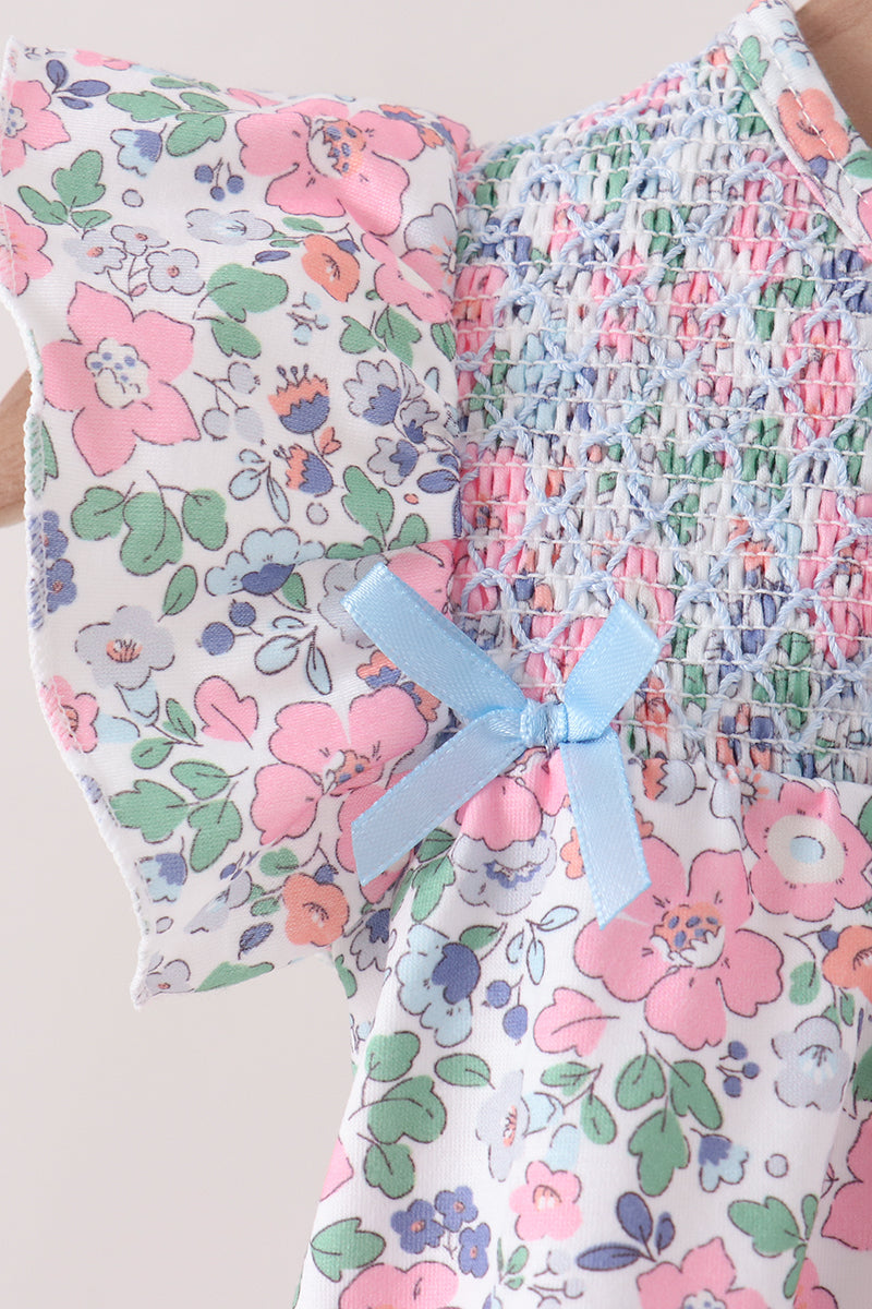 Blue Floral Smocked Ruffle Bubble