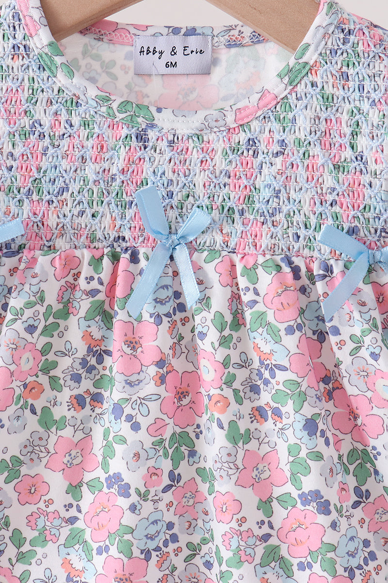 Blue Floral Smocked Ruffle Bloomer Set