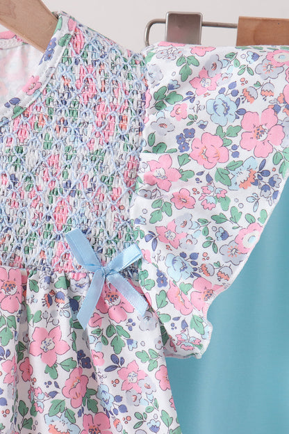 Blue Floral Smocked Ruffle Pants Set