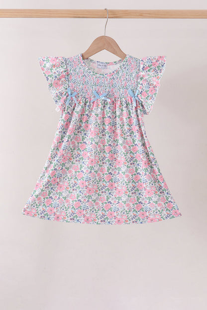 Blue Floral Smocked Ruffle Dress