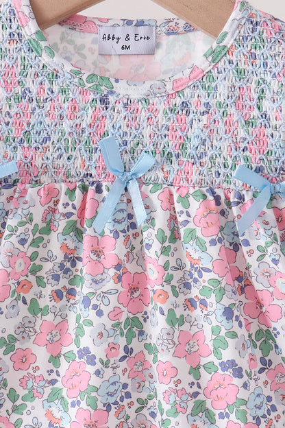 Blue Floral Smocked Ruffle Dress